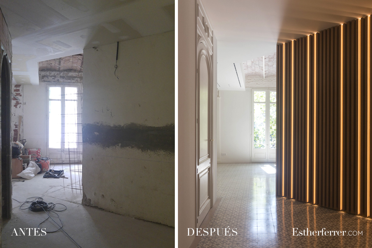Reforma integral de piso modernista en l'Eixample. antes después vestíbulo